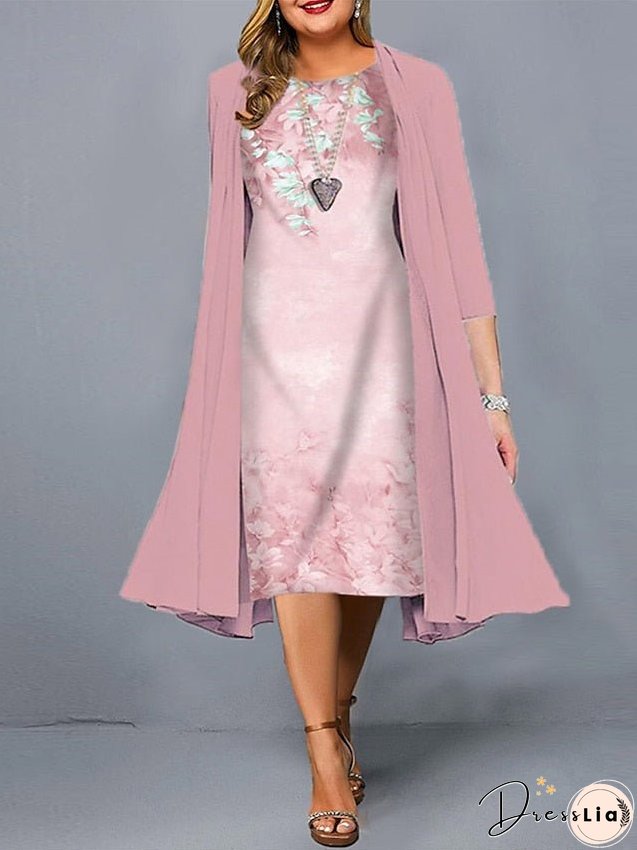 Plus Size Casual Dress Dress Set Two Piece Dress Floral Midi Dress 3/4 Length Sleeve Print Crew Neck Fashion Daily Light Green Pink Spring Summer L XL XXL 3XL 4XL for Women