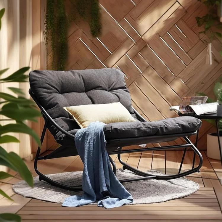 Indoor & Outdoor Rocking Chair with Thicken Dark Grey Cushion for Patio, Porch, Garden