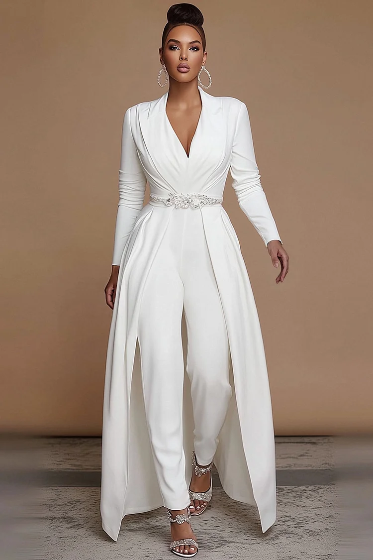 Xpluswear Design Plus Size Wedding Guest White V Neck Long Sleeve Peplum Elegant Jumpsuits