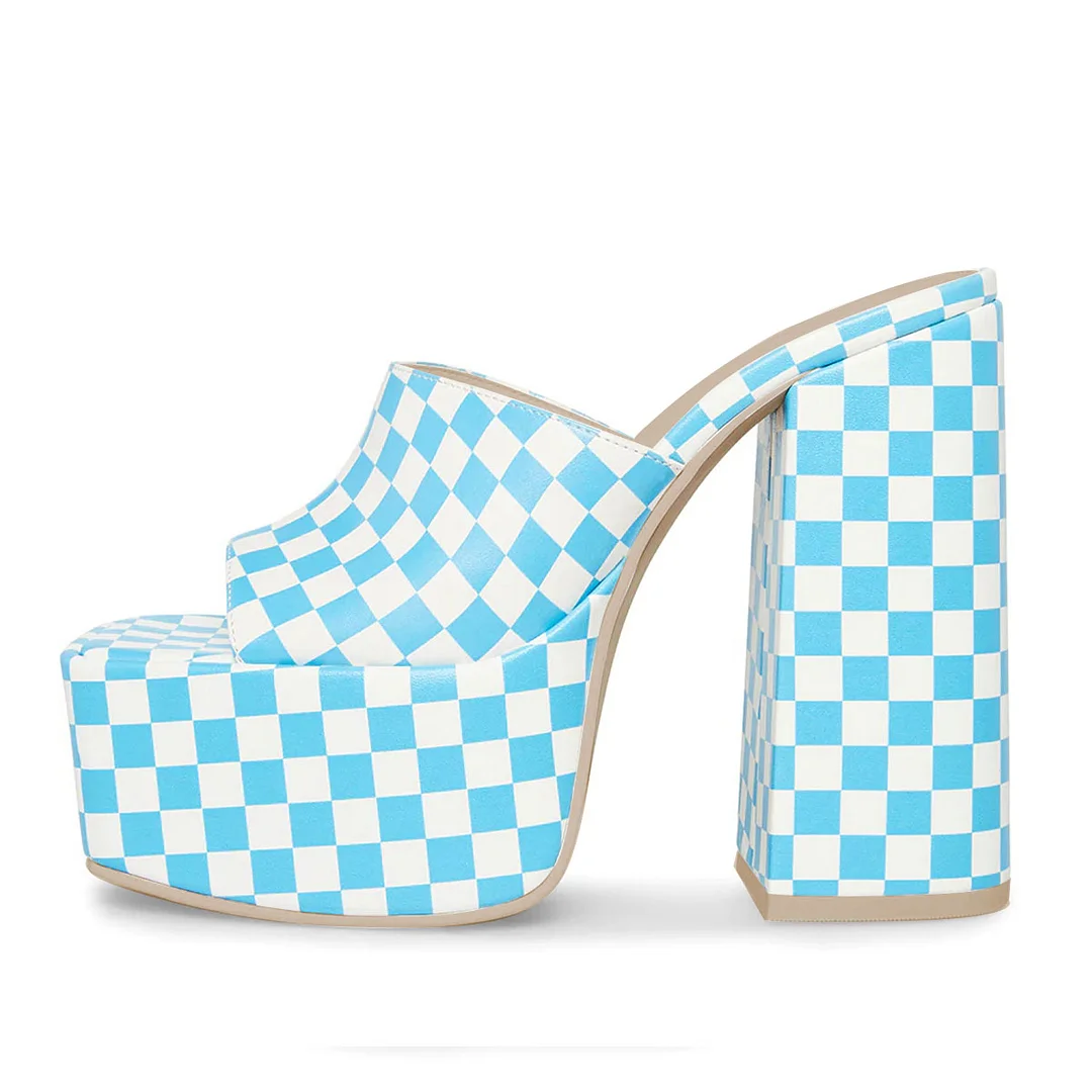 Blue & White Check Printed Square Toe Wide Band Platform Mules