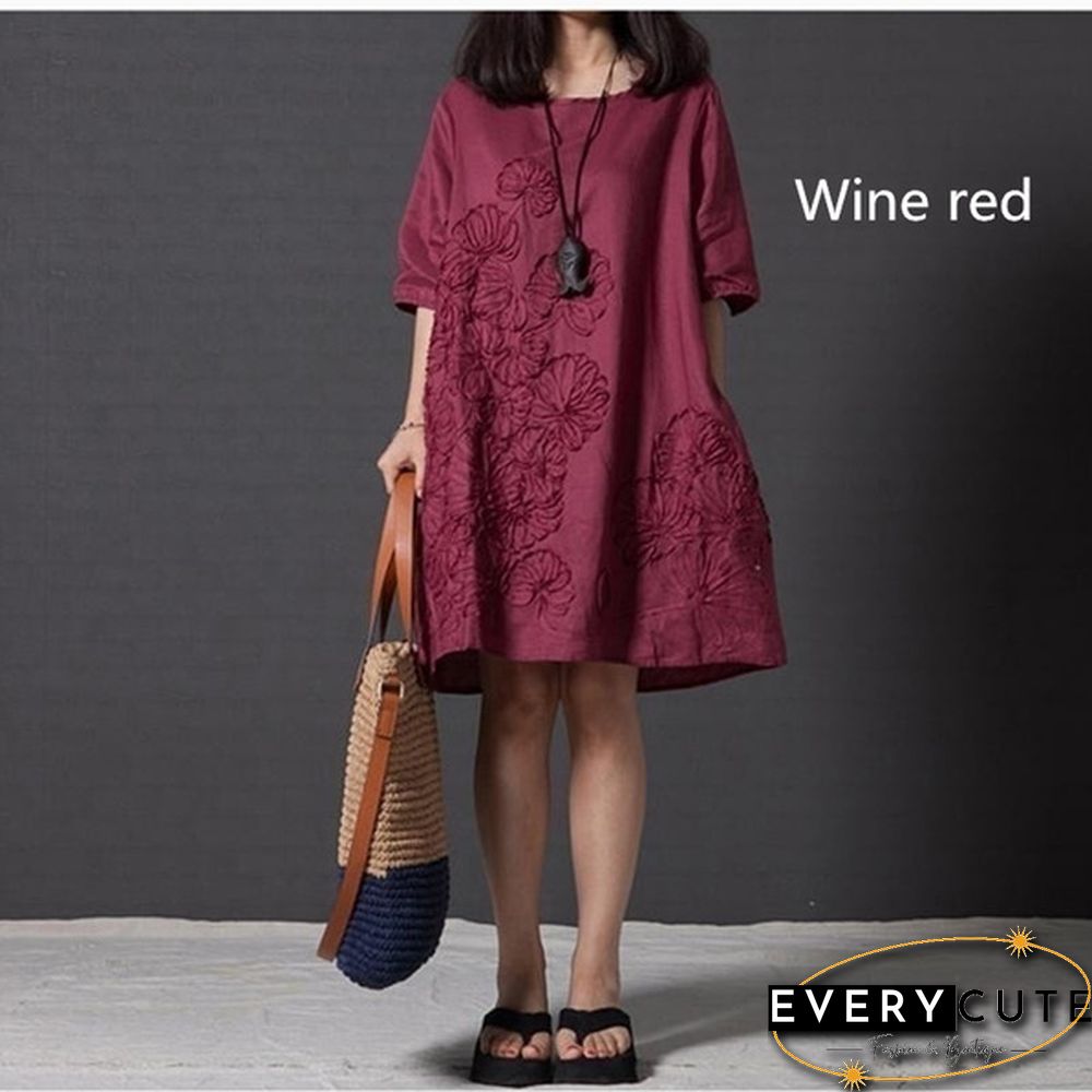 Women Fashion Summer Style T -shirt Loose Cotton Embroidered Casual Dress Plus Size Ladies Linen Dress