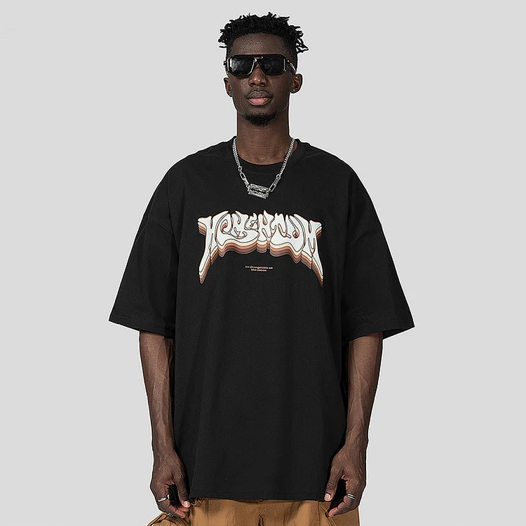 Hip Hop Letter Printed Short Sleeve Loose Oversize Round Neck T-Shirt at Hiphopee