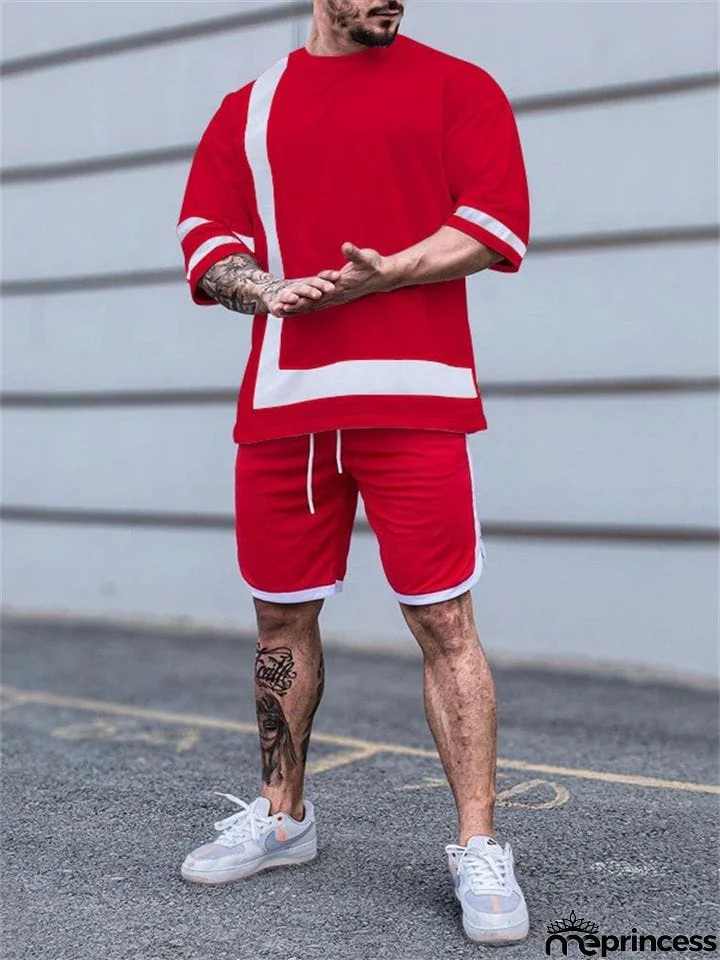 Men's Round Neck Loose Contrast Color Short Sleeve Sets