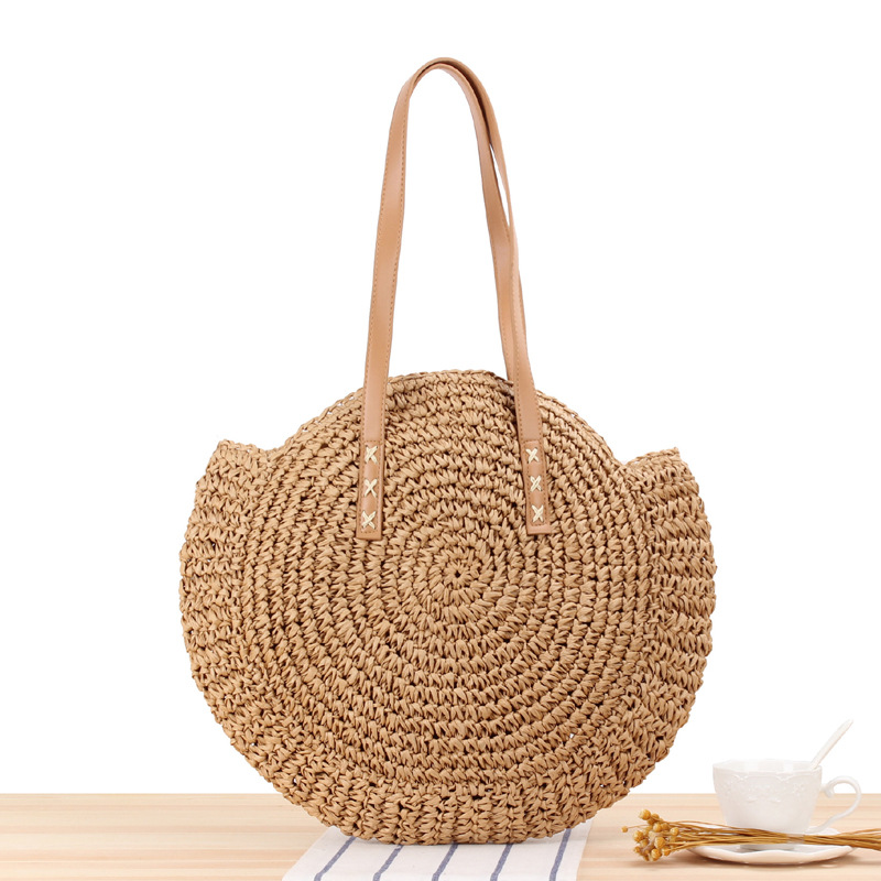 Mature Women Simple Round Shoulder Bag Straw Handbag Summer Beach Bags