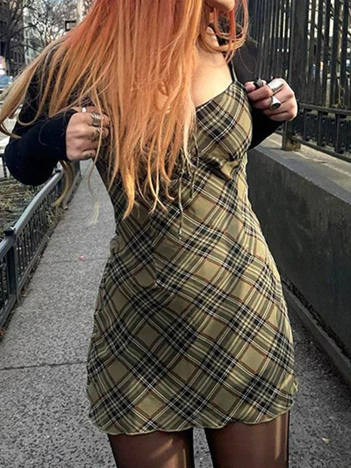 Brownm Lining Checkered Print Mini Dress