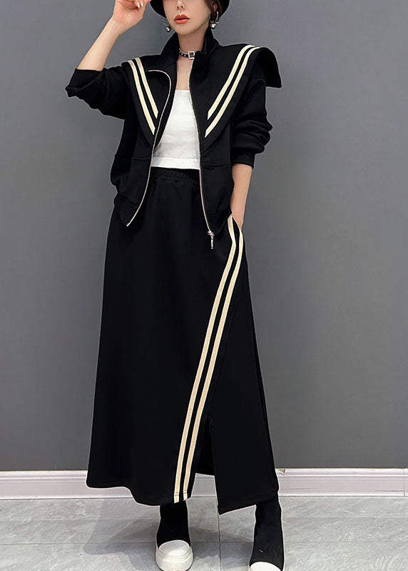 VCSHOES Black Sailor Collar Zip Up Side Open Cotton Two Pieces Set Fall