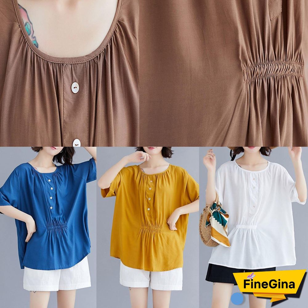 Natural white cotton Blouse o neck half sleeve loose summer top