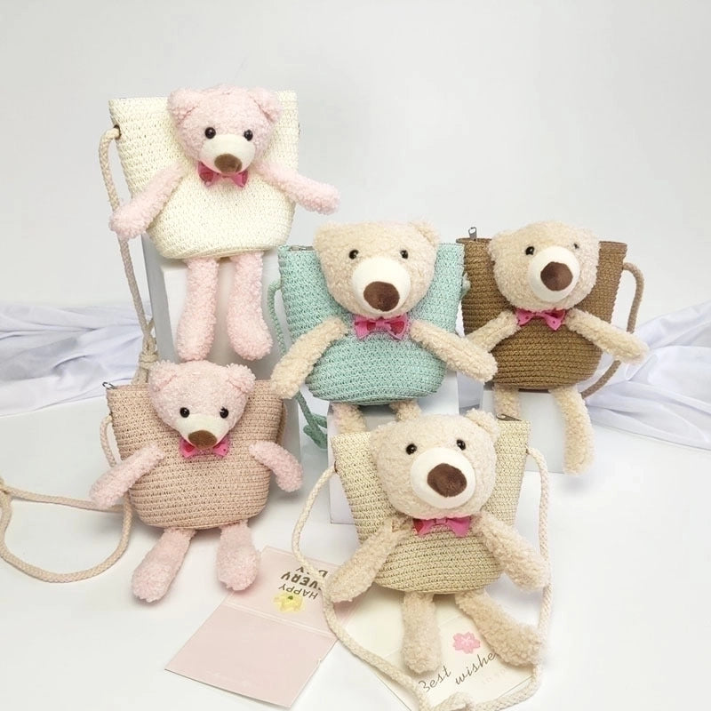 Kid’s Straw Animal Bear Cute Square Zipper Crossbody Bag Straw Bag Coin Purse