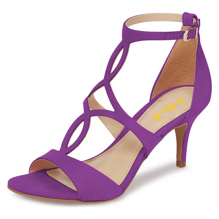 FSJ Purple T Strap Sandals Open Toe Dressy Office Heels |FSJ Shoes