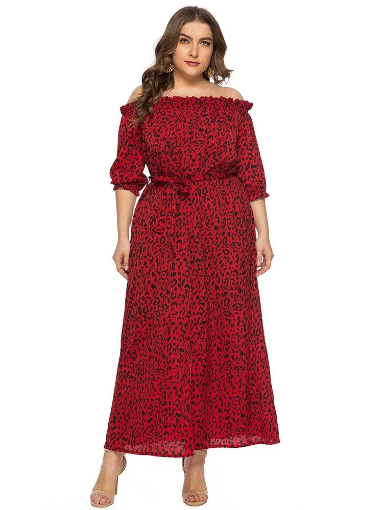 Women Plus Size Leopard Print Belt Dress Off Shoulder Ankle Length Casual Split Dress Spring Summer Boho Beach Vestidos