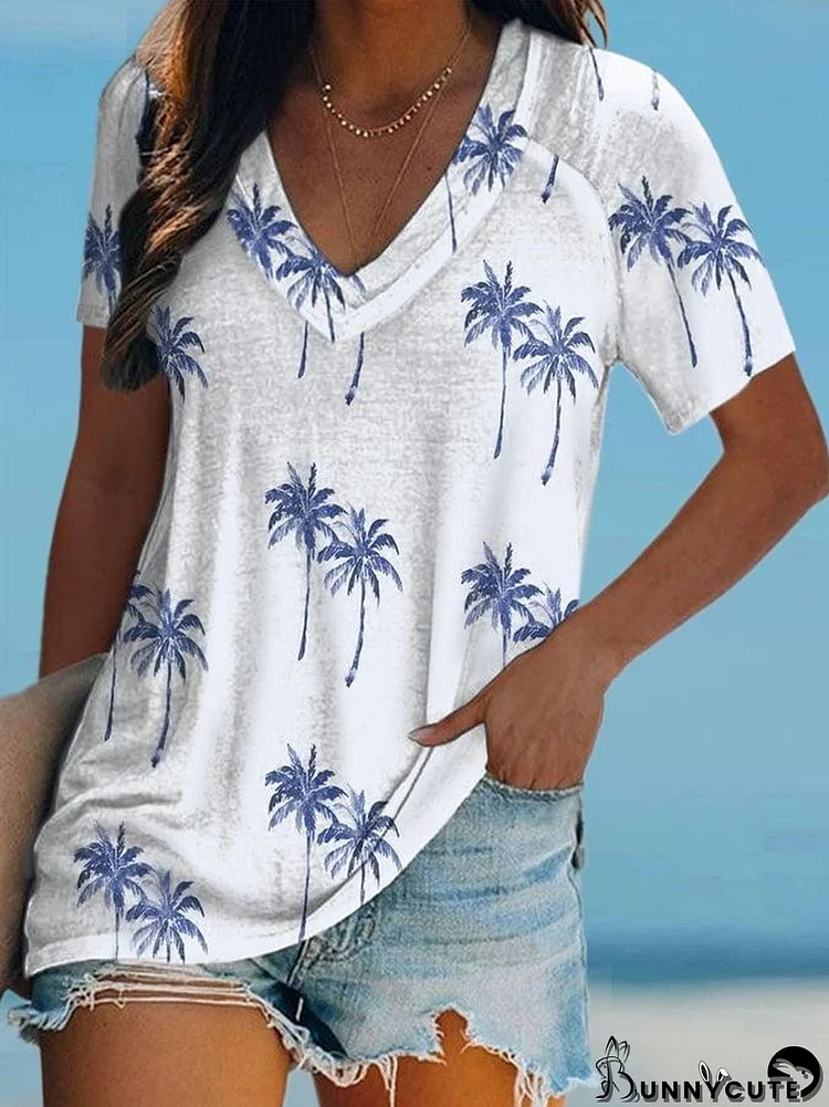 Coconut Tree Print V-Neck Casual T-Shirt