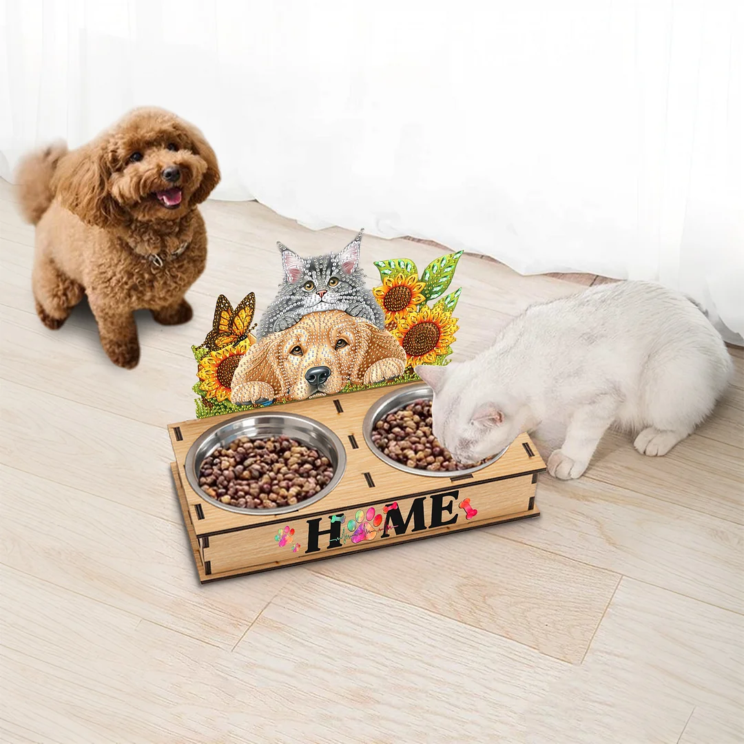 Diamond Painting Food Bowl with Wood Stand Diamond Art Dog Bowl for Small Dogs