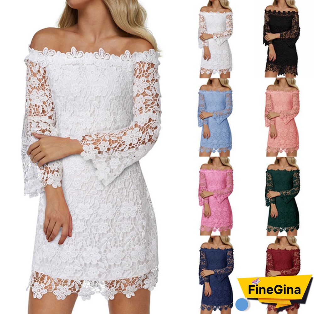 Women Crochet Lace Mini Dress Off Shoulder Long Sleeve Hollow Out Party Elegant Bodycon Short Dress