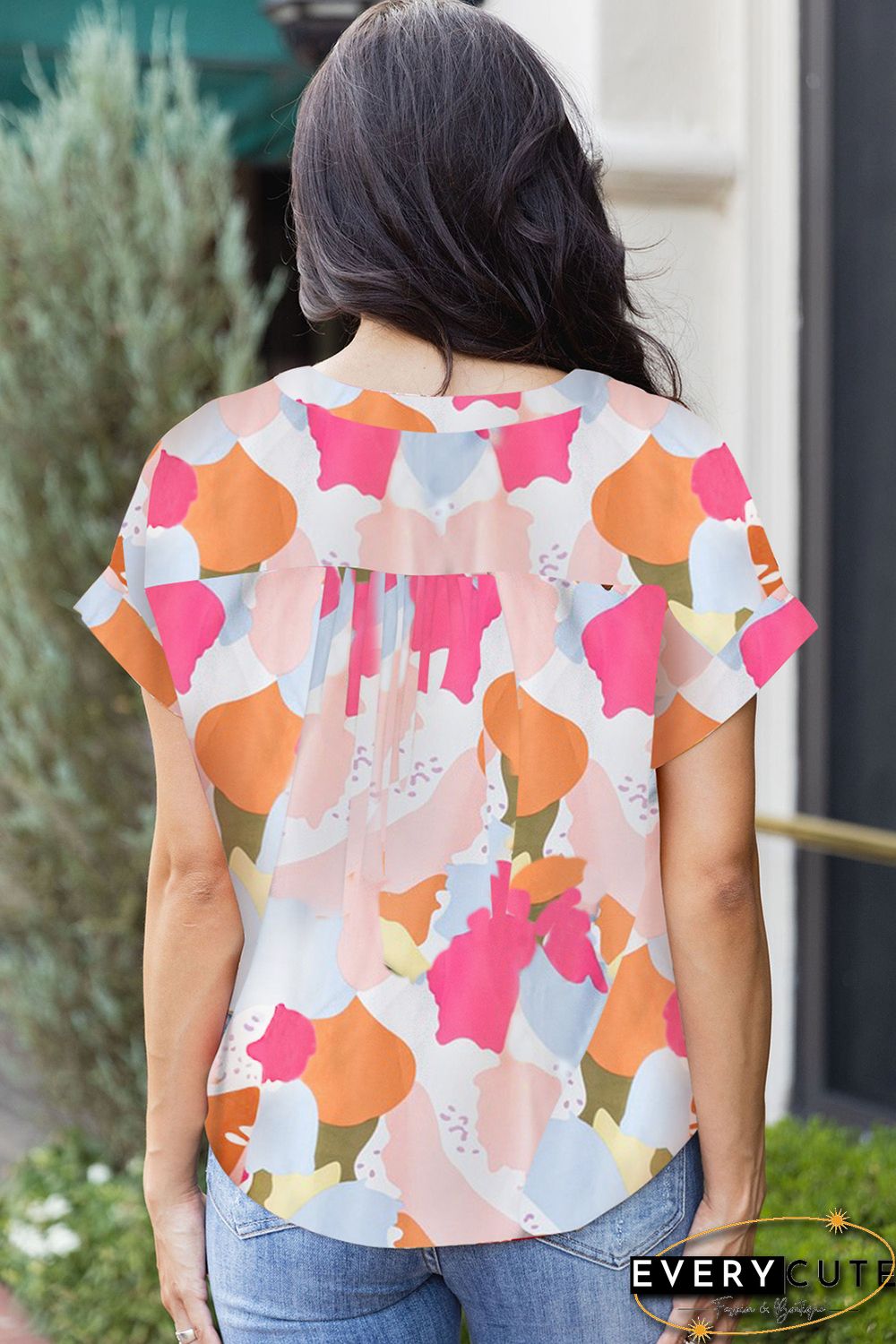 Multicolor Boho Floral Print V Neck Short Sleeves Top