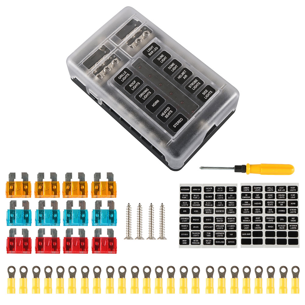 

12 Way Car Fuse Block Box with Negative Bus + Tool + 5A 10A 15A Blade Fuses, 501 Original
