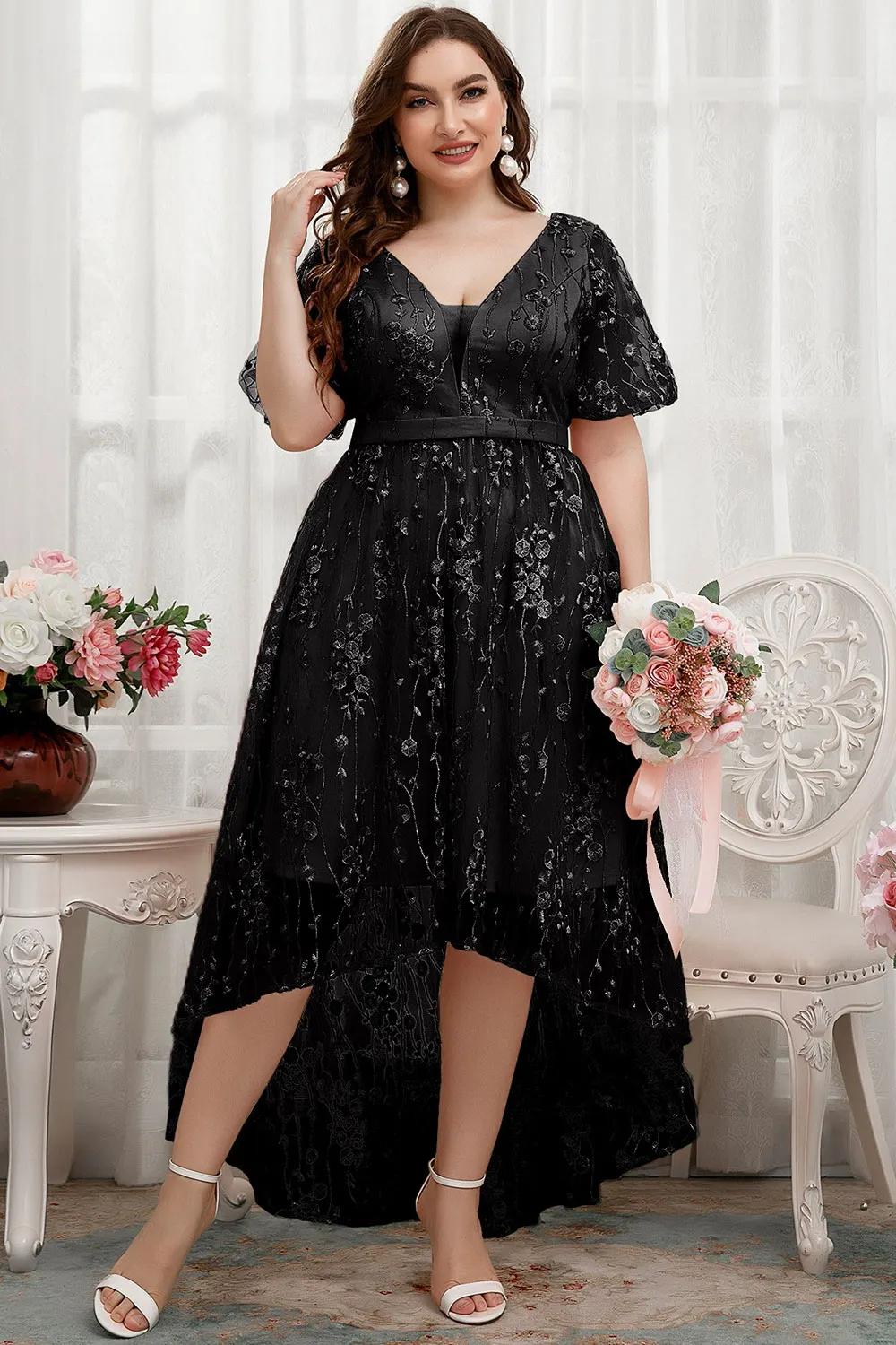 Plus Size Wedding Guest Black Embroidery V Neck Puff Sleeve Mesh Hign Low Hem Maxi Dress- Flycurvy Plus Size Wedding Guest Black Embroidery V Neck Puff Sleeve Mesh Hign Low Hem Maxi Dress- Flycurvy