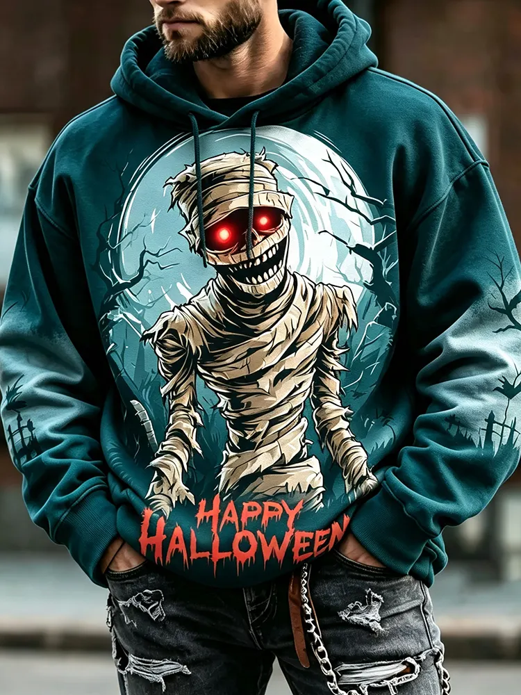 Men's Halloween Hoodie - Spooky Red-eyed Mummy, Full Moon And "happy Halloween" Text Print Pullover Sweatshirt