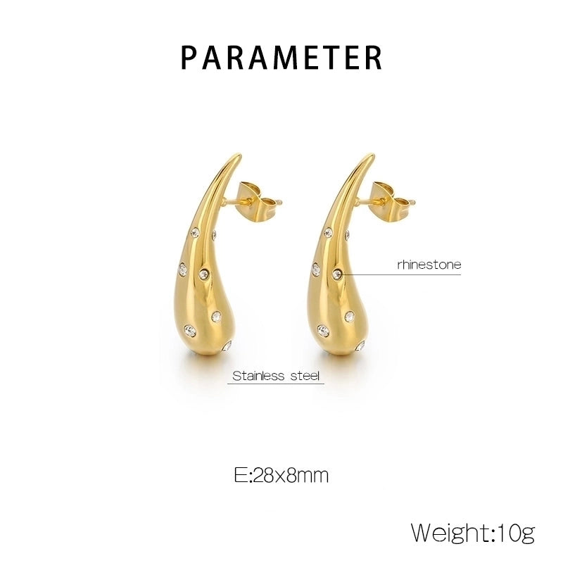 1 Pair Minimalist Water Droplets Solid Color Inlay 304 Stainless Steel Rhinestones 18K Gold Plated Ear Studs