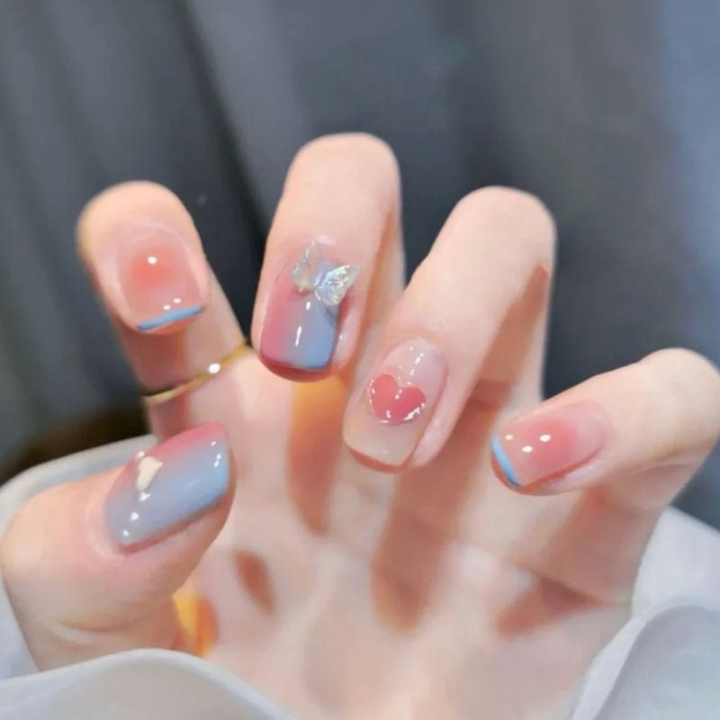 Transparent Colorful Bow Fake Nails Detachable Short Pearl Coffin False Nails Red Heart Press On Nails Lovely Full Cover Nails