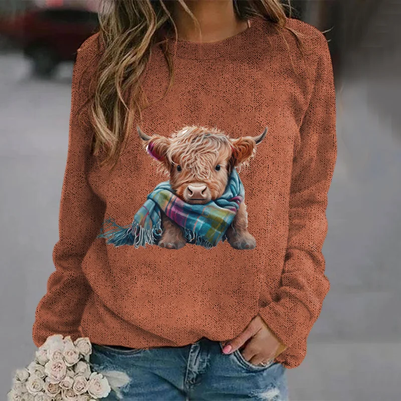 Scottish Scarf Highland Cow In Plaid Print Crew Neck Sweatshirt