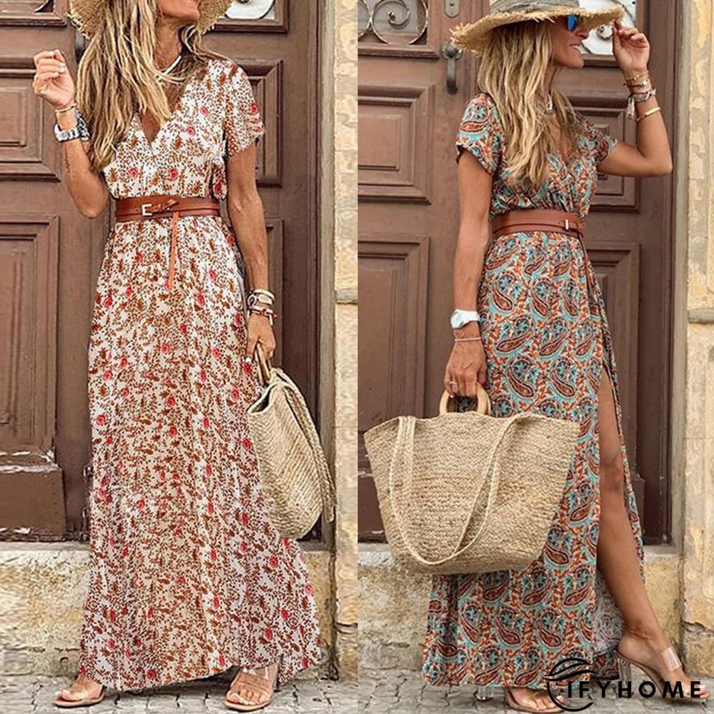 Fashionkova  Boho Long Dress For Women Fashion V Neck Short Sleeve Paisley Print Dresses Summer Belt Large Hem Beach Dress Elegant Maxi Dress | IFYHOME