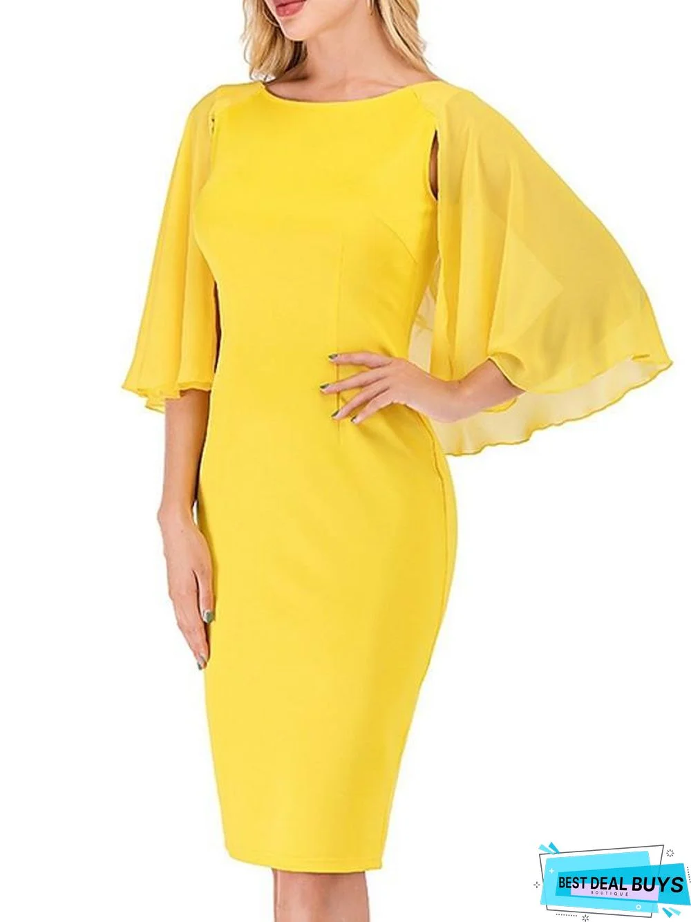 Women's Sheath Dress Knee Length Dress Yellow Half Sleeve Solid Color Print Summer Round Neck Hot Sexy