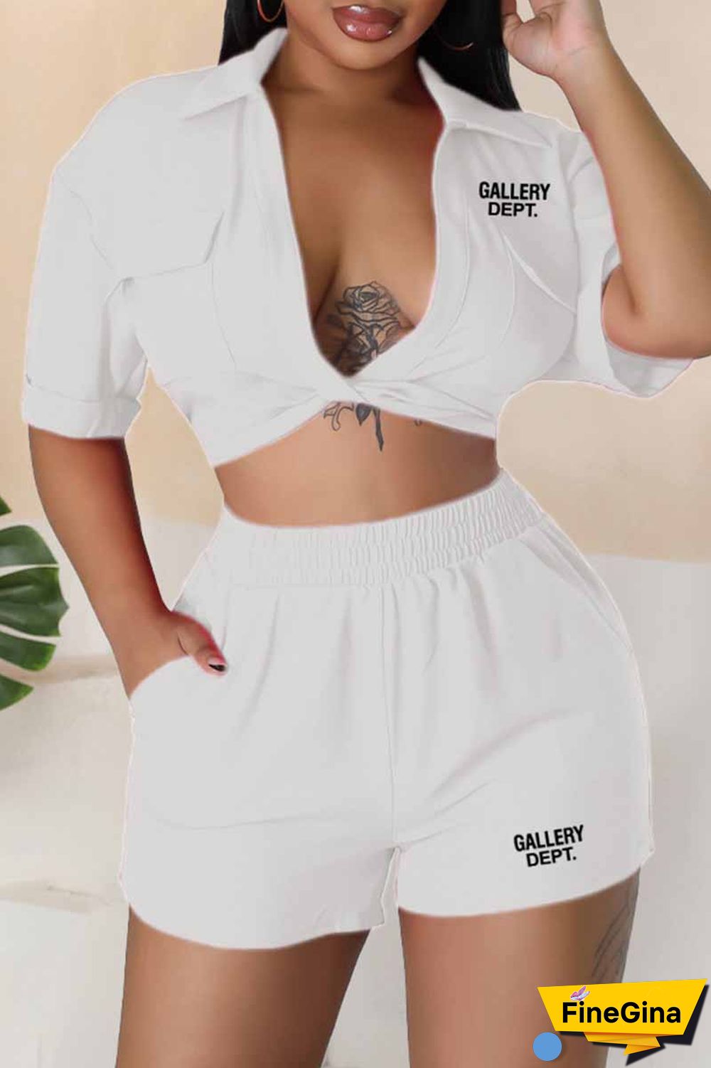 Blue Street Print Letter Turndown Collar Short Sleeve Two Pieces