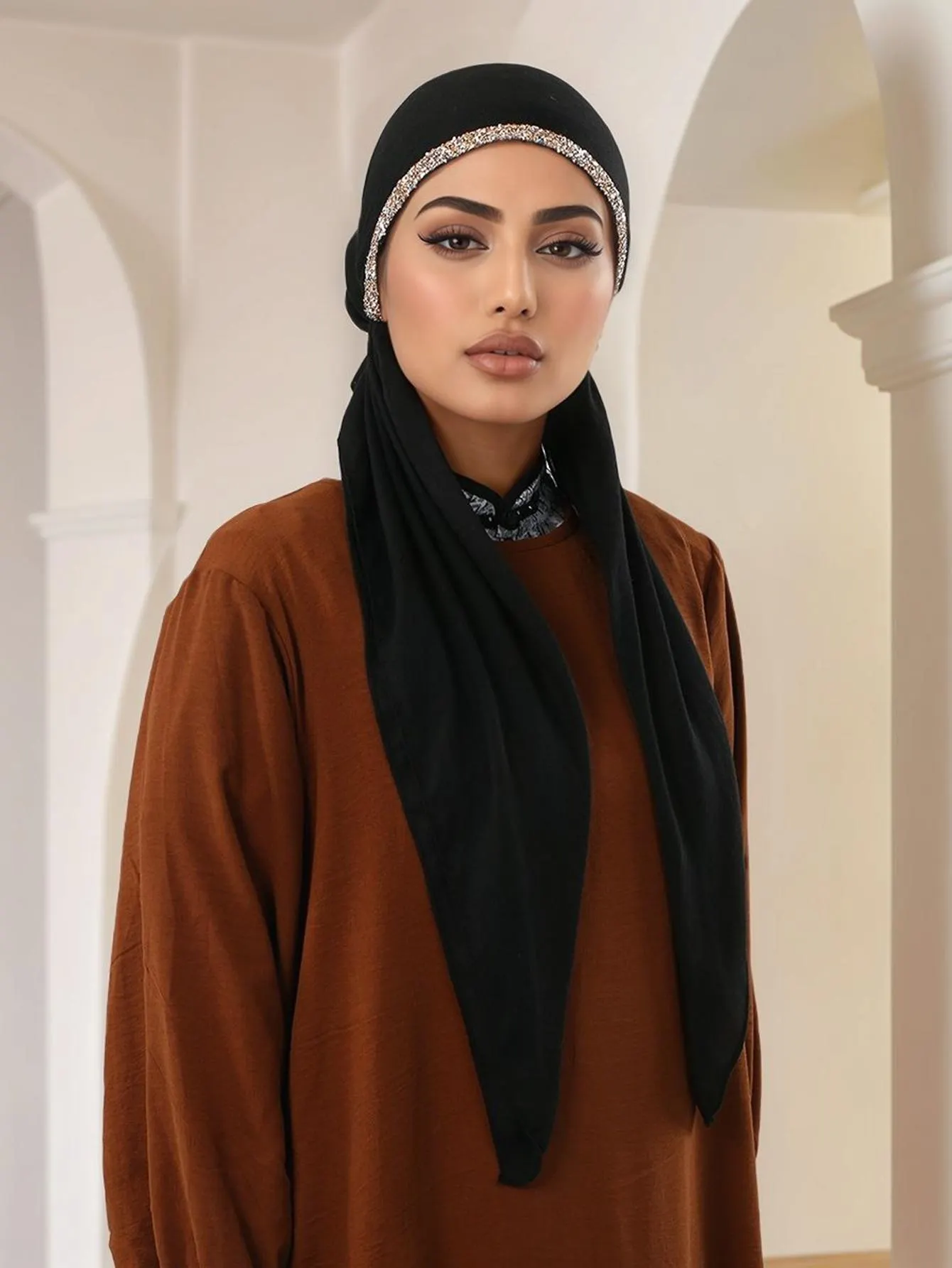 Women's Fashion Plain Bejeweled Stretchy Cap, Casual Versatile Simple Hijab, Breathable Sun Protection Sweat-Wicking Jersey Hijabs