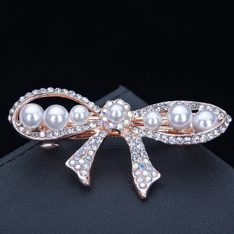 Korean Hair Accessories Rhinestone Bow Simple Hairpin Adult Pearl Horizontal Clip Ponytail Clip Top Clip Spring Clip Small