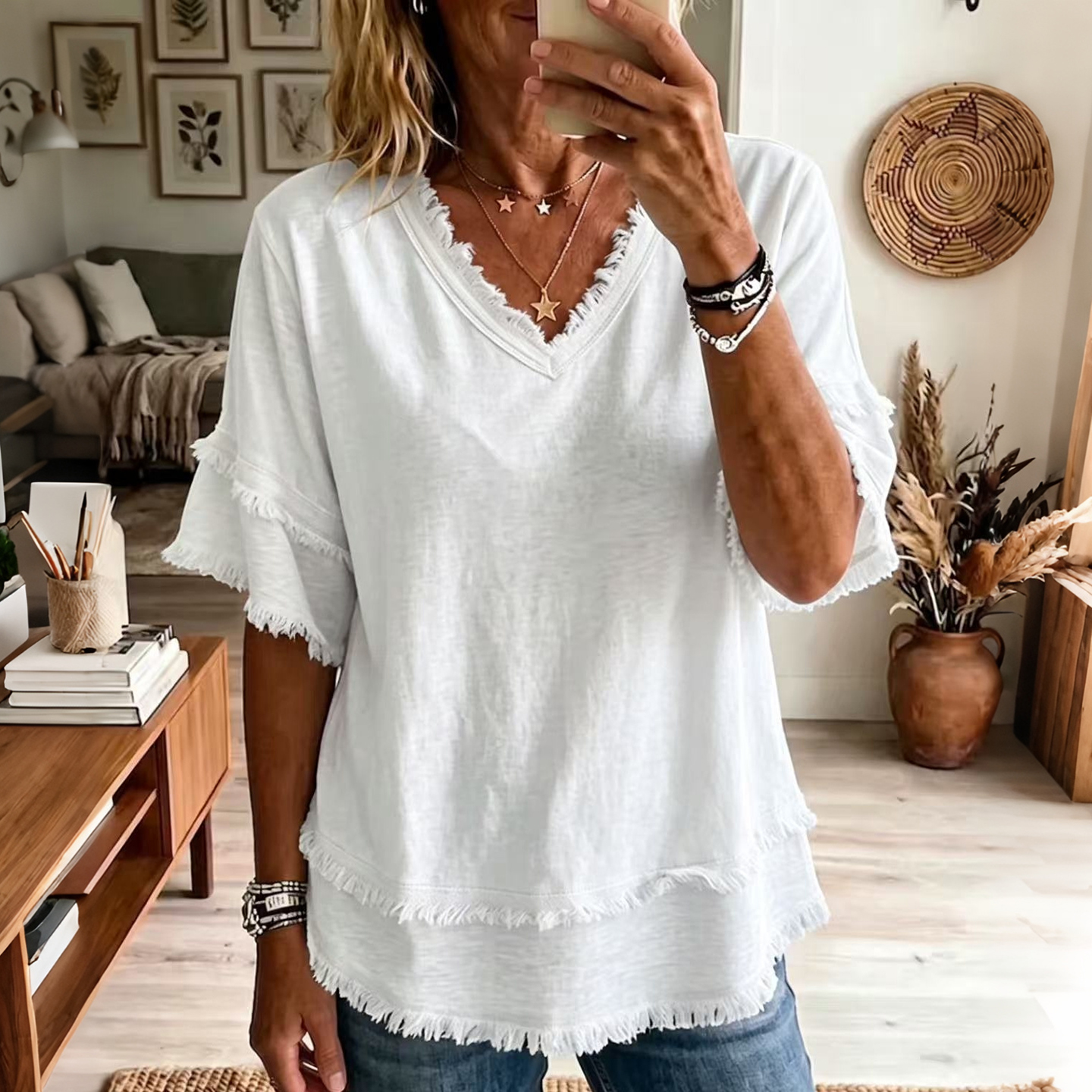 Comstylish Women's Solid Color V-neck Short-sleeve Casual Top