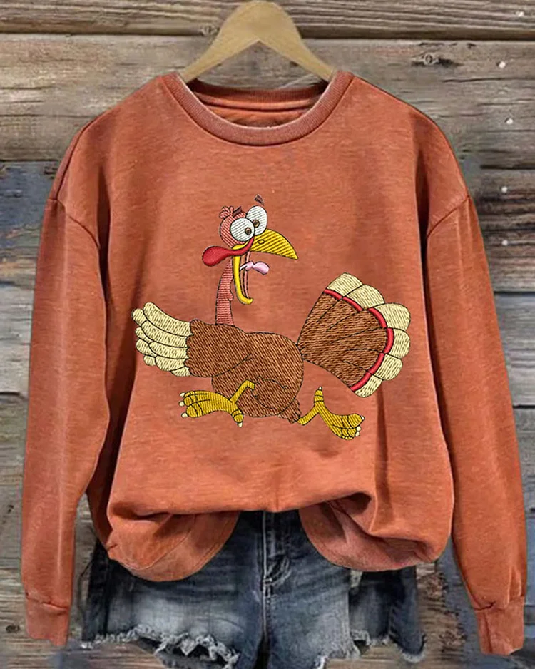 Women's Thanksgiving Turkey Print Round Neck Sweatshirt