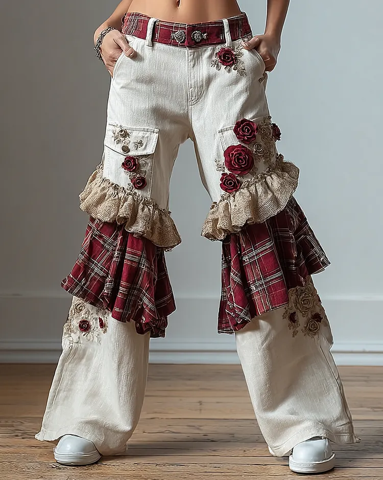 Women's Spring Floral Embroidered Plaid Patchwork Design Trousers  2264
