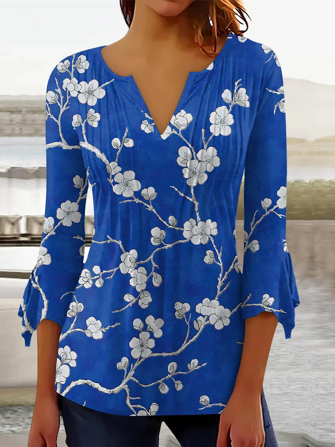 Women's Graphic Pattern Solid Color V-Neck 3/4 Sleeve Top