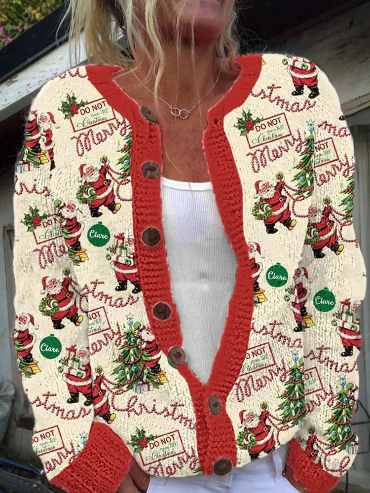 Women's Vintage Merry Christmas Tree Santa Knit Cardigan