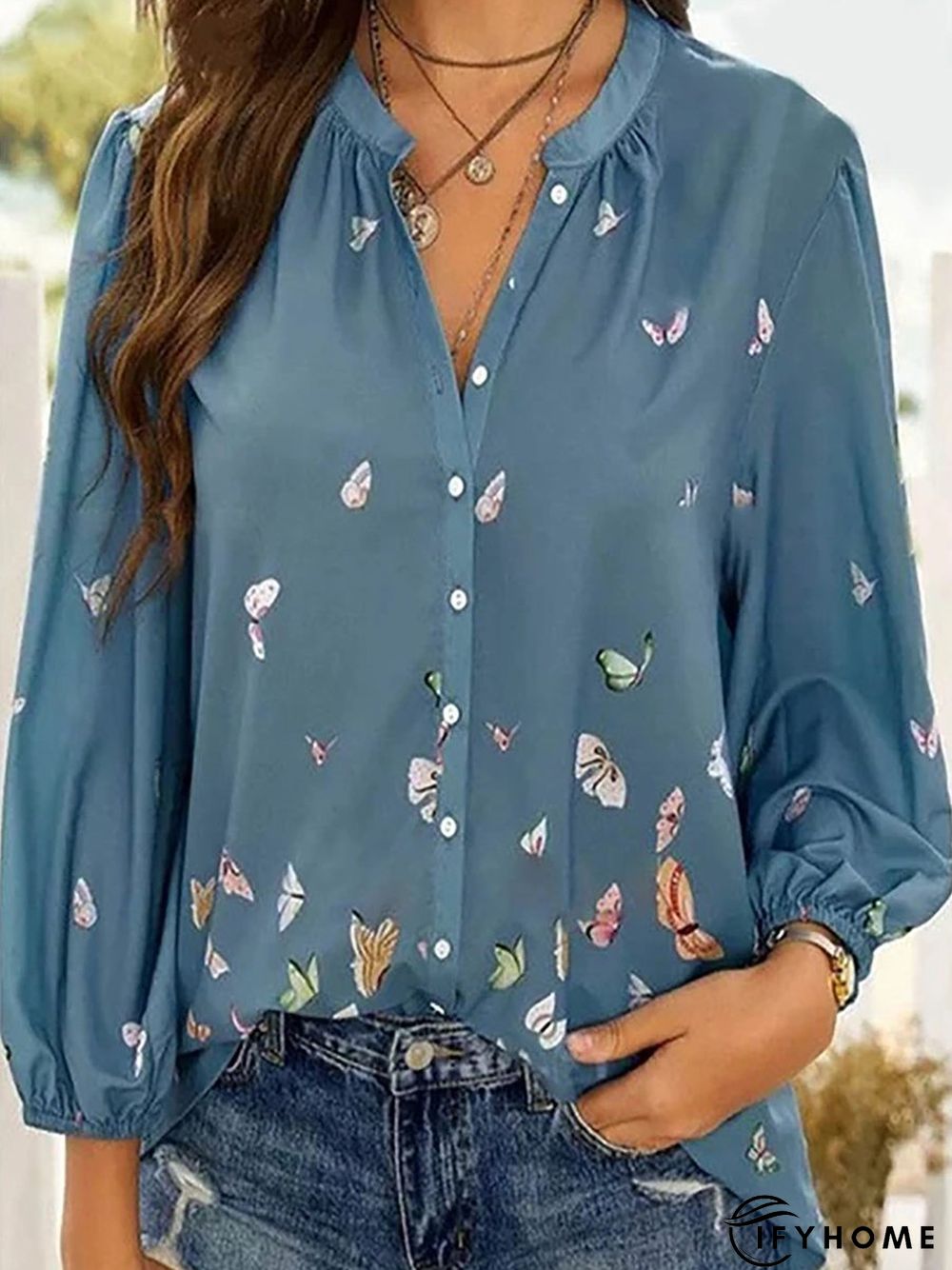Colorful Butterfly Print Chiffon Long Sleeve Shirt | IFYHOME