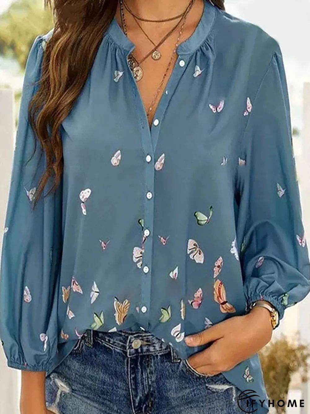 Colorful Butterfly Print Chiffon Long Sleeve Shirt | IFYHOME