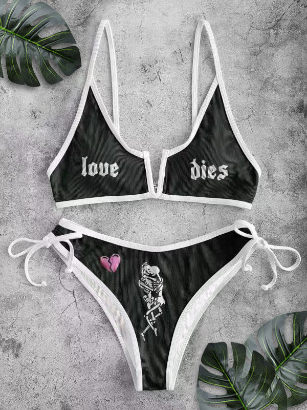 Punk Style Skull&letter Printed Color Block Ribbing String Bowknots Spaghetti Strap Bikini Two-piece Sets Swimwear