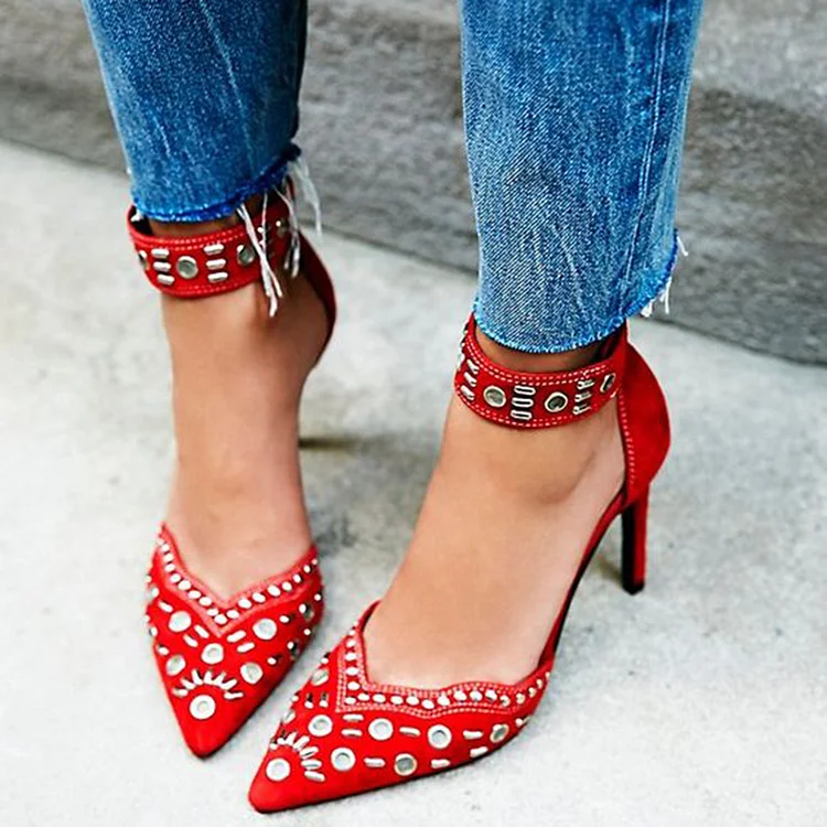 Red Pointed Velvet Shoes Women's Stiletto Heels Vintage Studs Pumps |FSJ Shoes