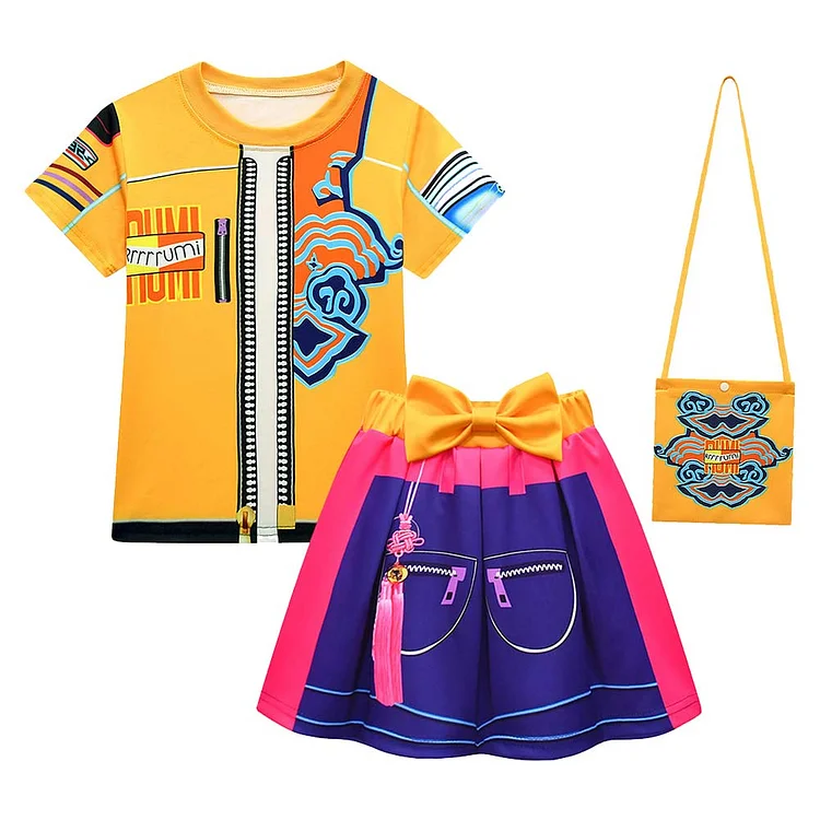 Kids Children KPop Demon Hunters (2025) Rumi Zoey Blue Yellow Top Skirt Bag Set Outfits Cosplay Costume