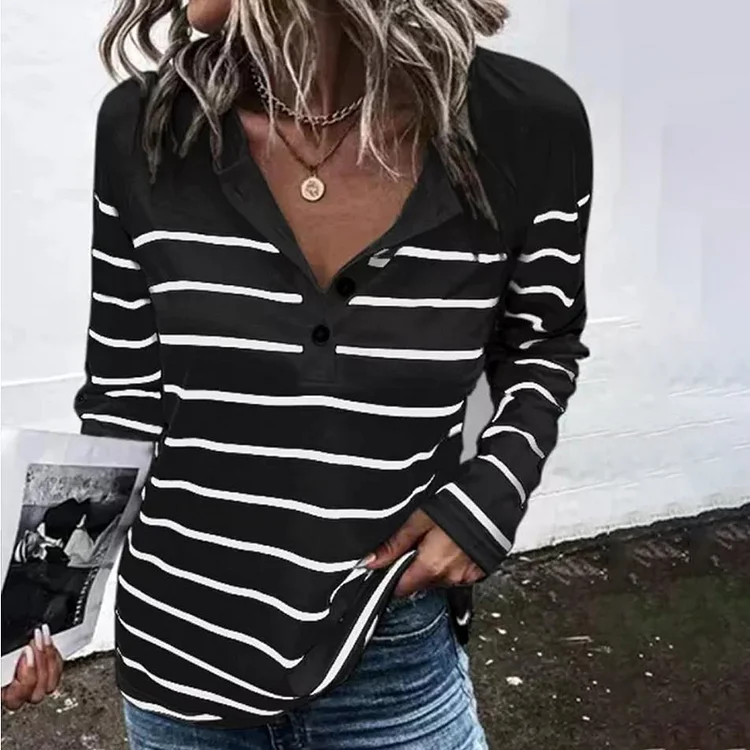 Wearshes Stripe Button Long Sleeve T-shirt