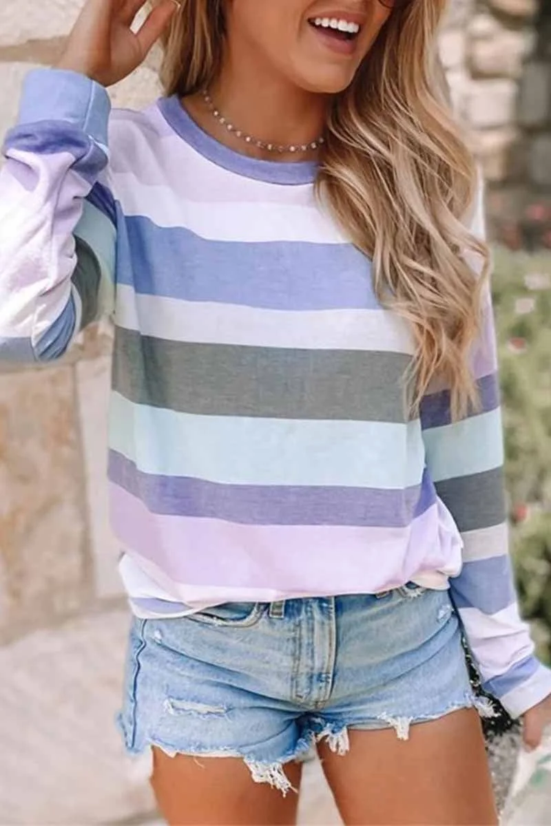 Striped Long Sleeve Printed Crew Neck Tops
