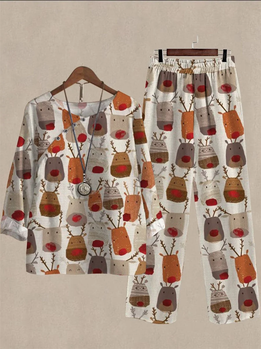 Spring Autumn Christmas Fawn Print Casual Two Piece Suits