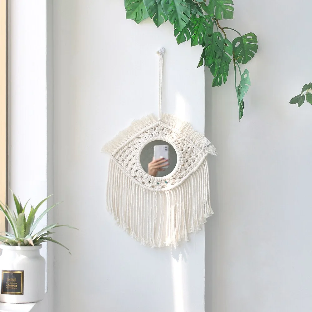 Boho Mirror Home Decor Aesthetic Macrame Wall Hanging Decorative Wall Mirrors For Apartment Livingroom Bedroom Room Decoration