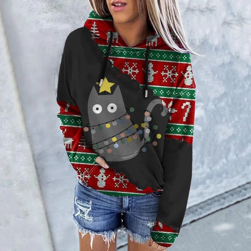 Christmas Cat Snowflake Print Hoodie