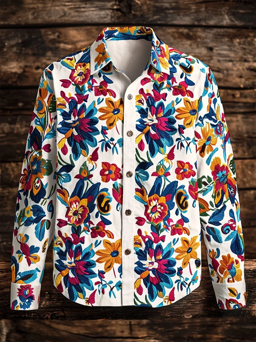 Men's Retro Casual Western Ethnic Print Long Sleeve Shirt 
