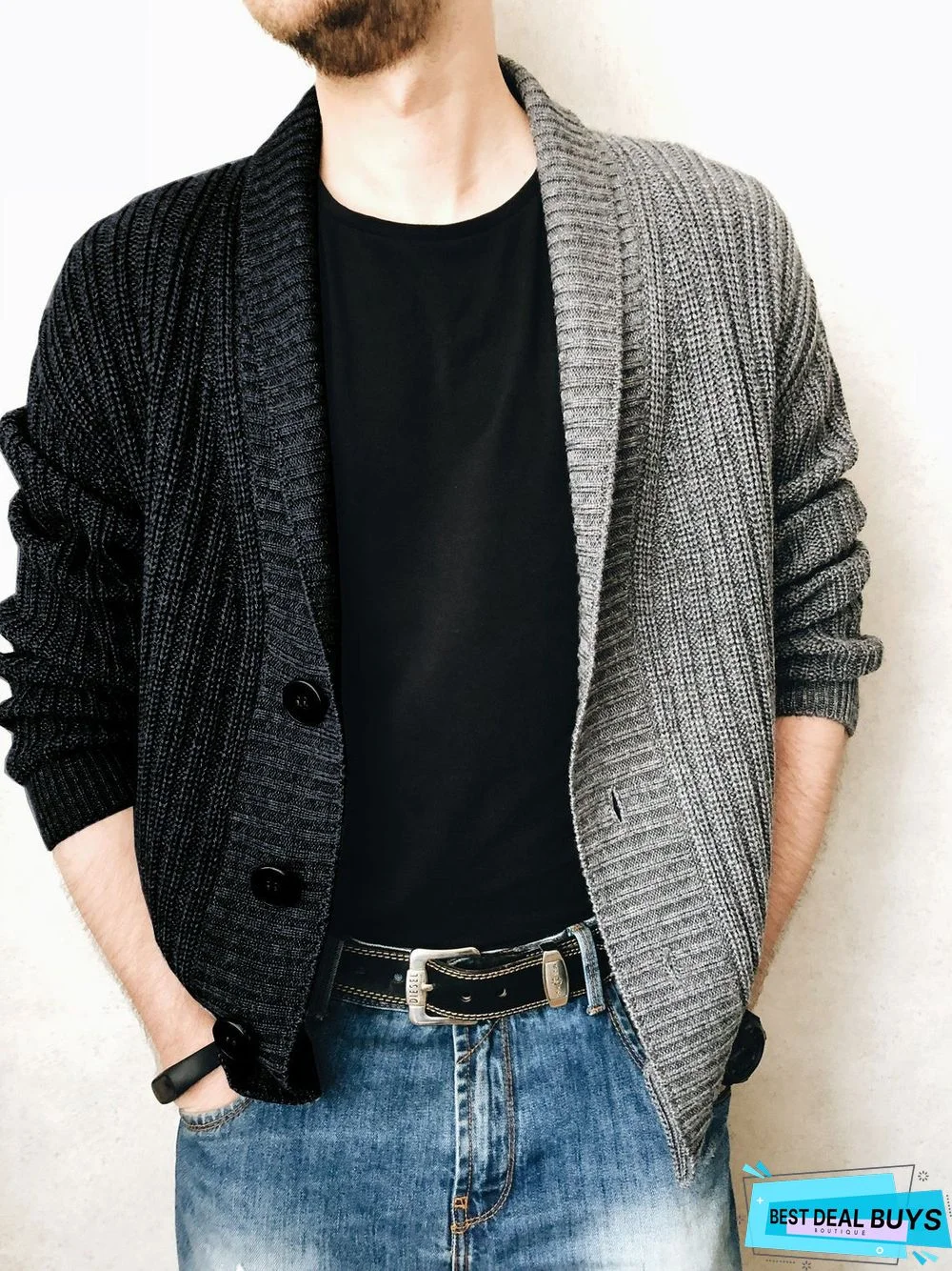 Single Breasted Two Color Men's Sweater Coat