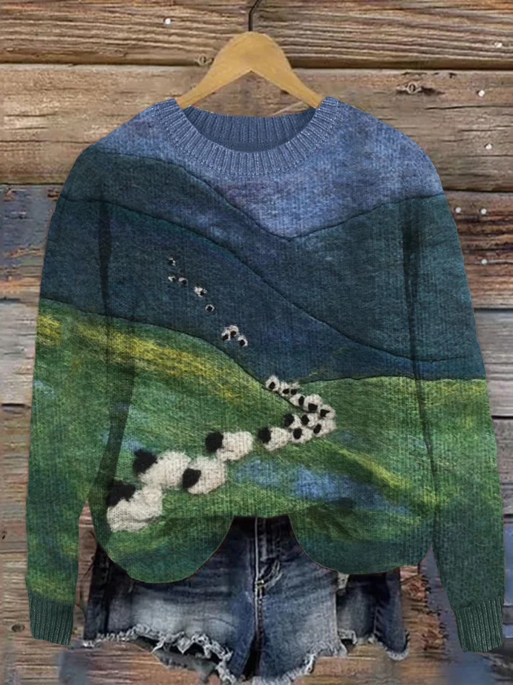 VChics Sheep Mountains Landscape Felt Art Cozy Sweater