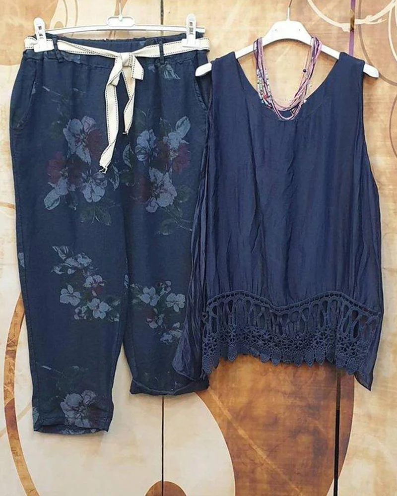 Floral Print Sleeveless Hollow Trimming Casual Two-piece Suits