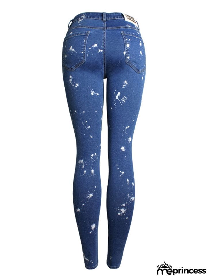 Women's Floral Embroidery Skinny White Spray Print Denim Jeans