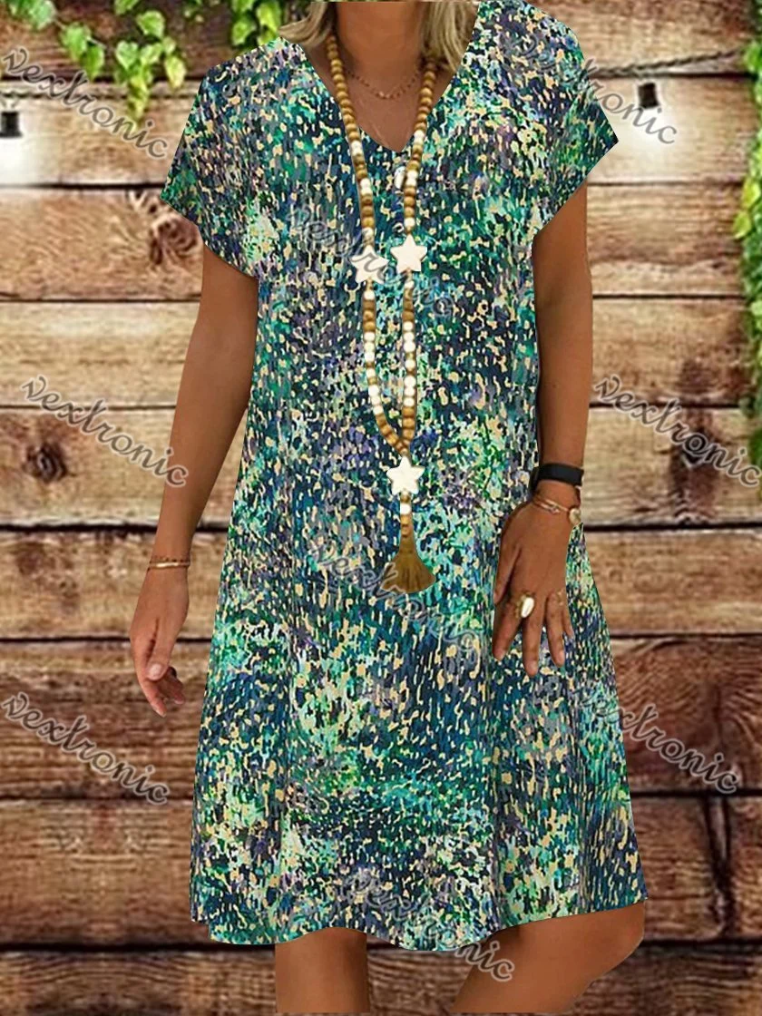 Women Half Sleeve V-neck Solid Color Dress